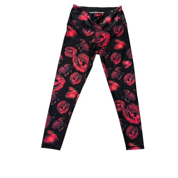 Victoria Sport Floral Mid Rise 7/8 Leggings Women’s M Black Red Stretch Pants - Picture 2 of 10